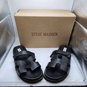 NIB Women's Steve Madden Mayven Black Leather Slides Size 9.5